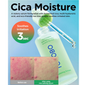 Cica Moisture serum bottle and dropper on a light blue gradient background, with product text, a green-to-orange circular 'Soothes Irritation 3 sec' badge, and a before/after skin texture comparison panel. TOCOBO Cica Calming Serum 50ml