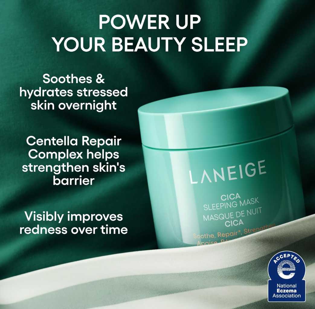 Laneige Cica Sleeping Mask with product features and benefits on a green background, LANEIGE Cica Sleeping Mask 60ml