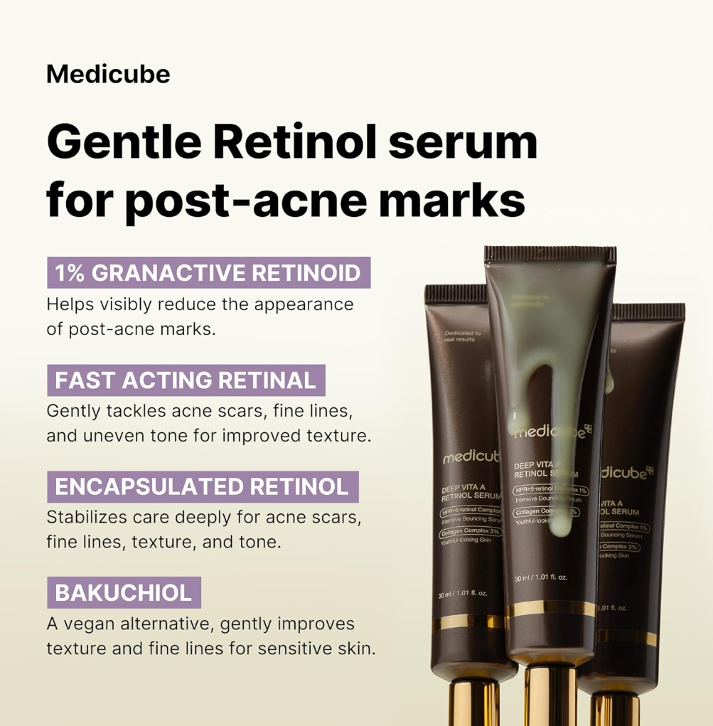 Medicube Gentle Retinol serum for post-acne marks with product packaging on a light background, Medicube Deep Vita A Retinol Serum 30ml