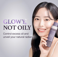 Woman holding a skincare product with text about controlling excess oil and revealing natural radiance, I'm From Black Rice Toner 150ml