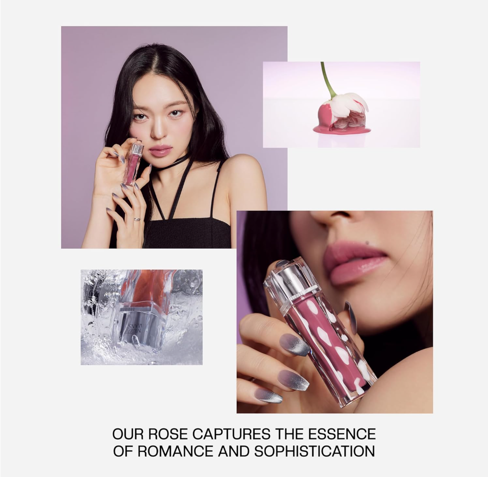 Collage of a woman holding a pink rose and a perfume bottle with text about capturing romance and sophistication, Muzigae Mansion Icy Glow 03 Sway
