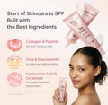 Skincare product advertisement with a woman holding a tube, featuring ingredients like collagen, cica, niacinamide, hyaluronic acid, and ceramide, Medicube Collagen No Cast Just Glow Sunscreen spf50 50ml