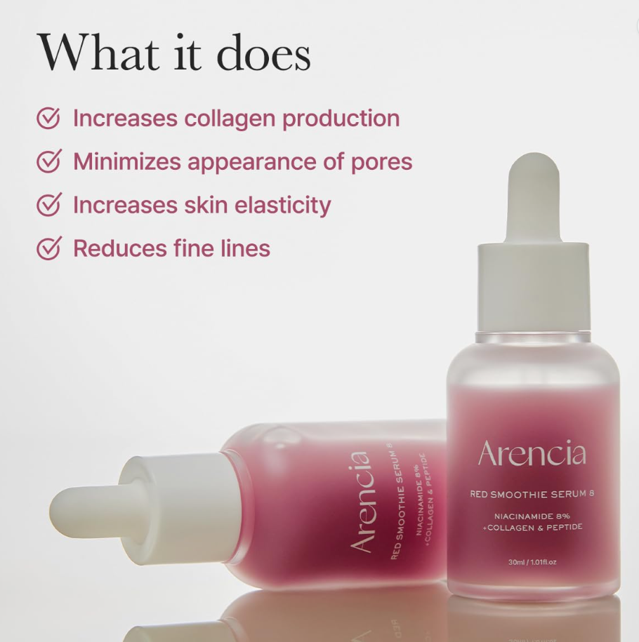 Two bottles of Arencia serum with text highlighting benefits on a light background, Arencia Red Smoothie Serum 8 30ml