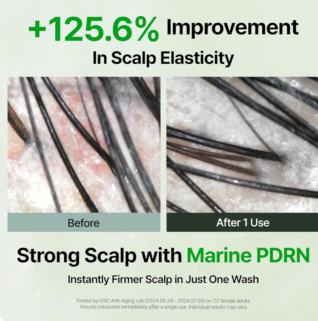 Before and after comparison of scalp elasticity with text about Marine PDRN and scalp firming, Growus Algae Therapy Mineral Shampoo 500g