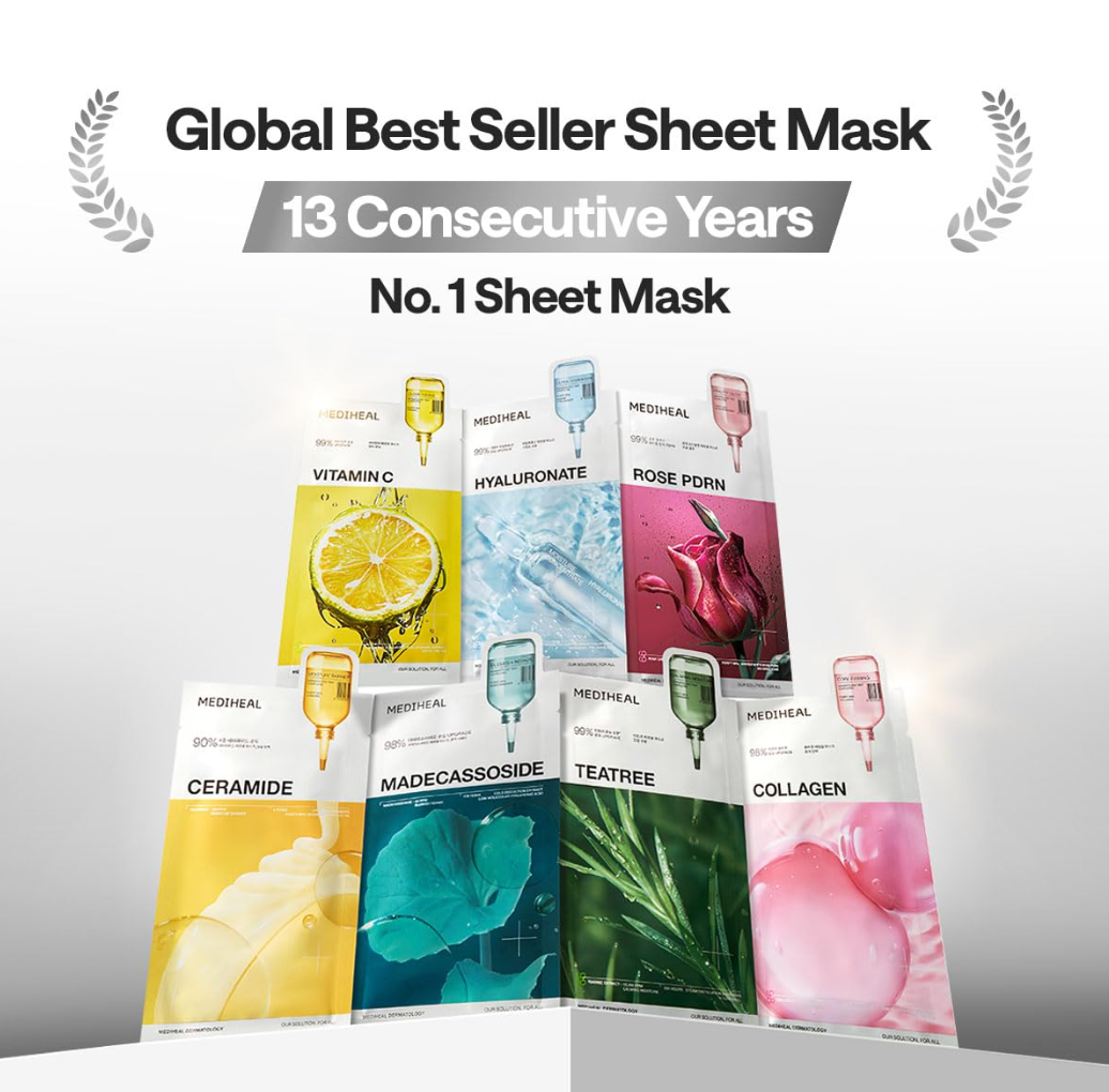MEDIHEAL collagen product packaging with pink liquid and text on a white background， Mediheal Collagen Mask 10+1