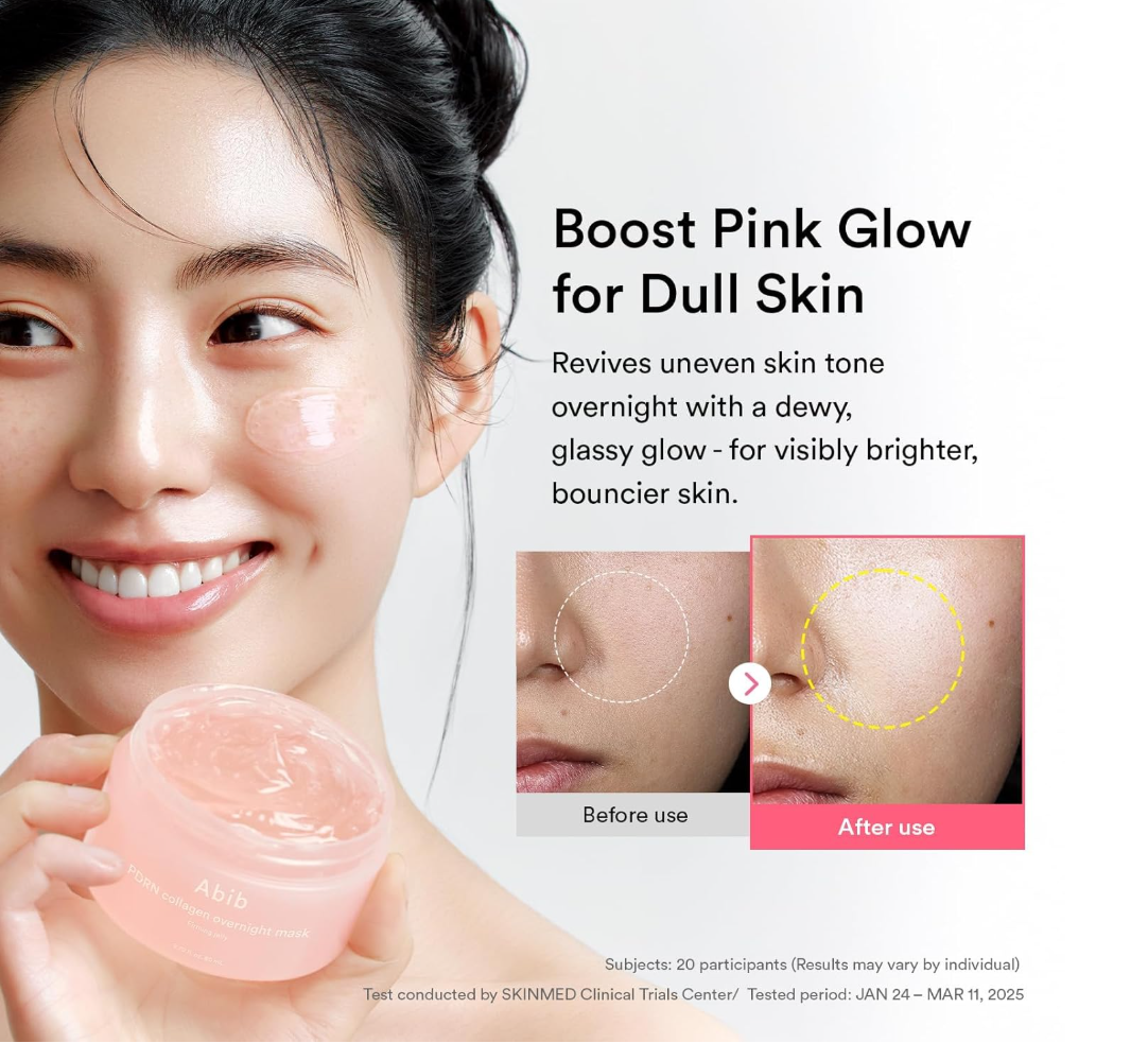 A smiling woman with pink glowing skin holds a small pink cosmetic jar. Text on the right reads 'Boost Pink Glow for Dull Skin' with before/after skin close-ups and product claims, Abib PDRN Collagen Overnight Mask Face Firming Jelly (2.7fl oz / 80ml)