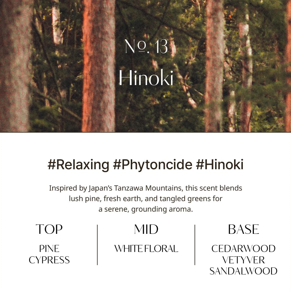 Advertisement for Hinoki fragrance with trees in the background, Hetras Hand Cream Mango Seed Butter Hinoki 50ml