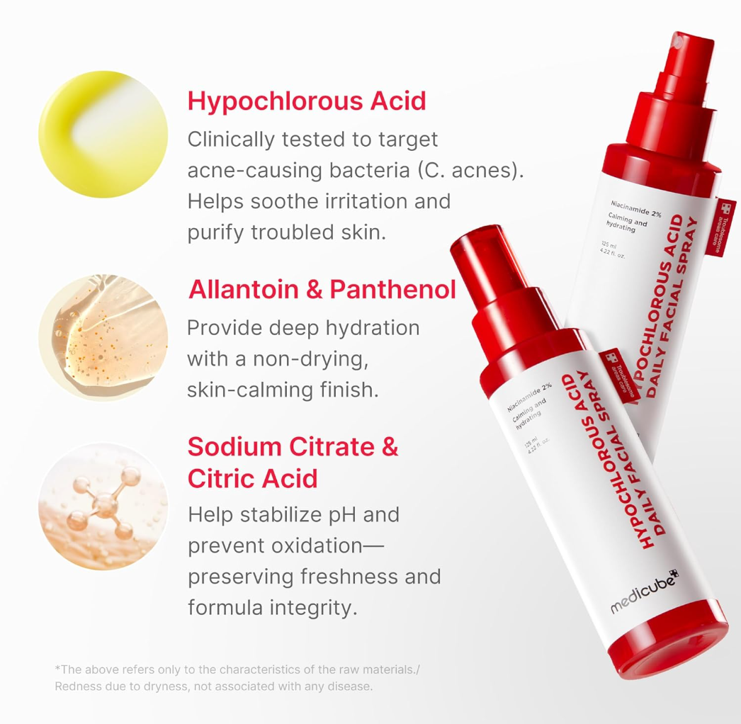 Medicube hypochlorous acid daily facial spray with red and white design on a white background, Medicube Hypochlorous Acid Daily Facial Spray 125ml