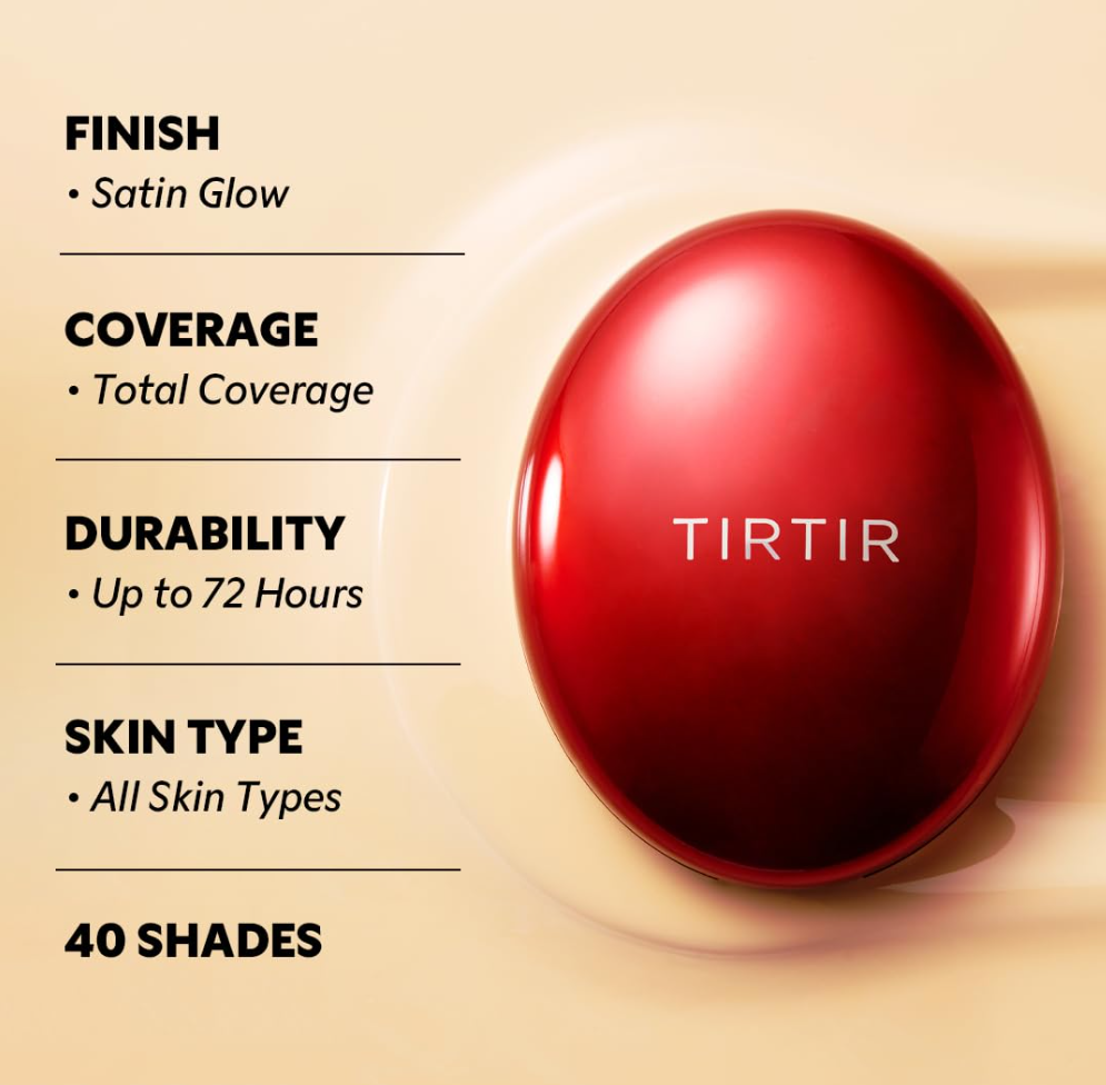 Red compact with TIRTIR branding on a beige background, featuring product features, TIRTIR Mask Fit Red Cushion 37C Almond 18g