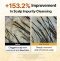 Before and after comparison of scalp impurity cleansing with text indicating improvement, Growus Sea Salt Therapy Shampoo 500g
