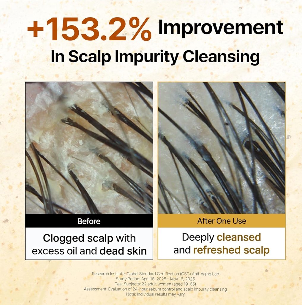 Before and after comparison of scalp impurity cleansing with text indicating improvement, Growus Sea Salt Therapy Shampoo 500g