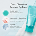 Medicube Deep Cleanse & Soothers Redness 10% Azelaic Acid foam cleanser tube in a bright teal-blue color, shown on a light blue and white background with three circular ingredient callouts and descriptive text, Medicube Azelaic Acid Niacinamide Deep Clean Foam Cleanser 120g