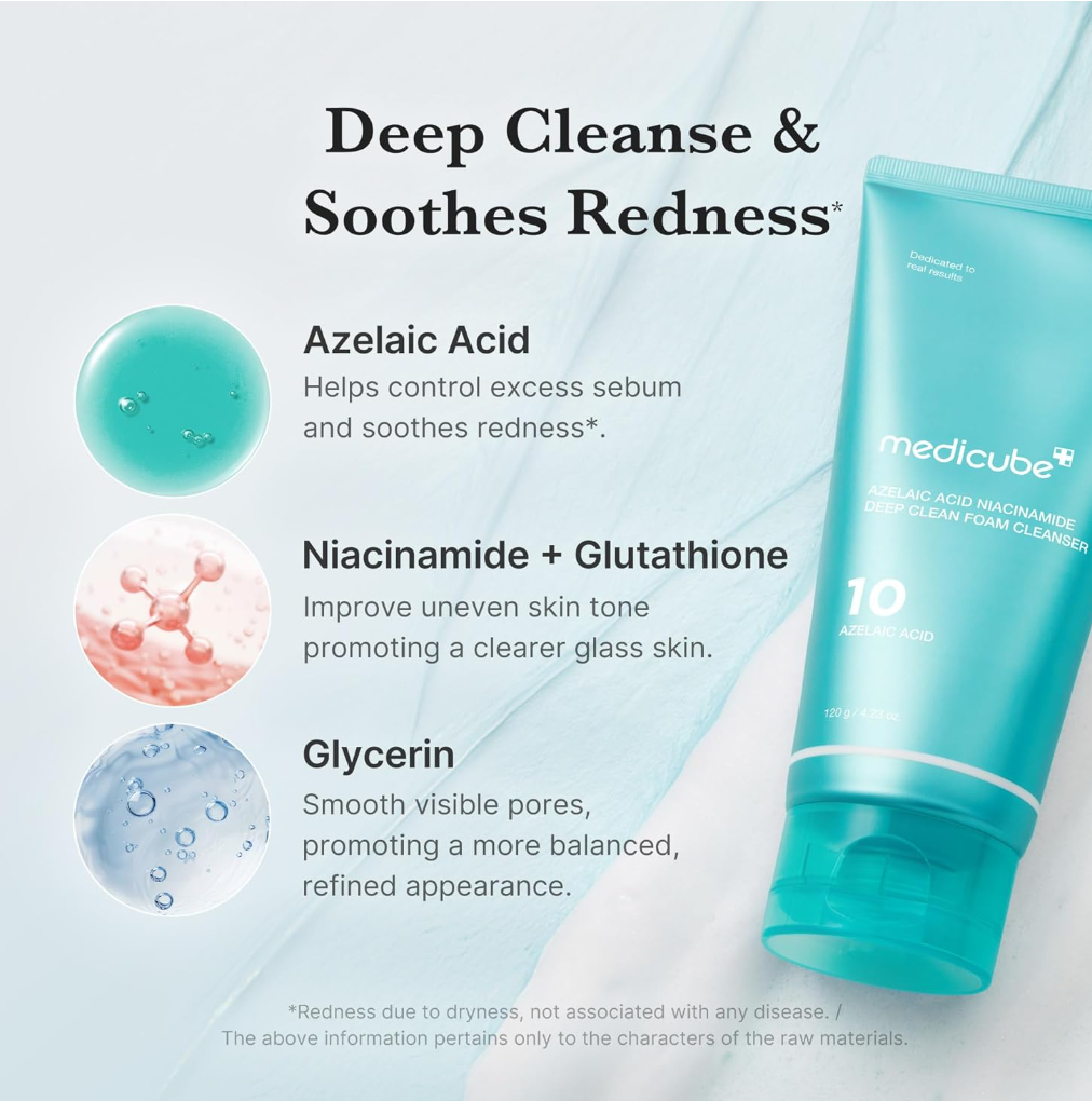 Medicube Deep Cleanse & Soothers Redness 10% Azelaic Acid foam cleanser tube in a bright teal-blue color, shown on a light blue and white background with three circular ingredient callouts and descriptive text, Medicube Azelaic Acid Niacinamide Deep Clean Foam Cleanser 120g