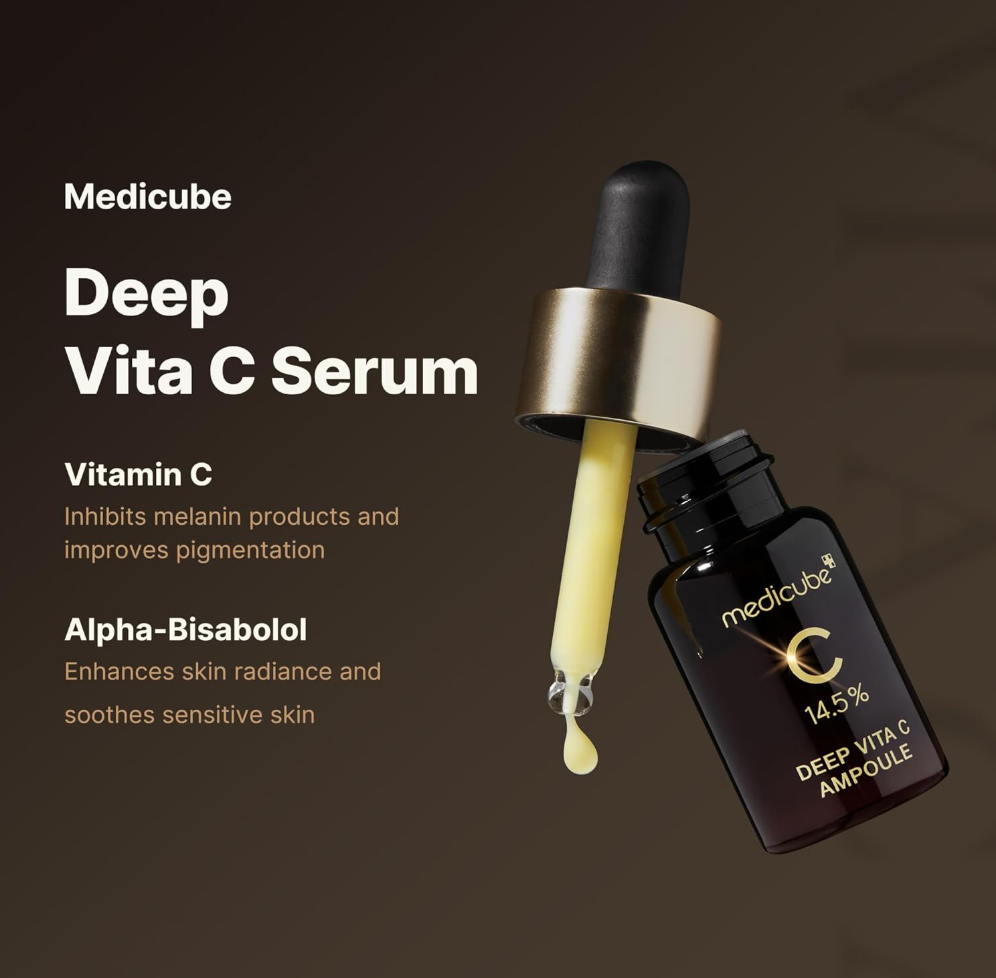Medicube Deep Vita C Serum bottle with dropper on a dark background, Medicube Deep Vita C Ampoule 2.0 30g