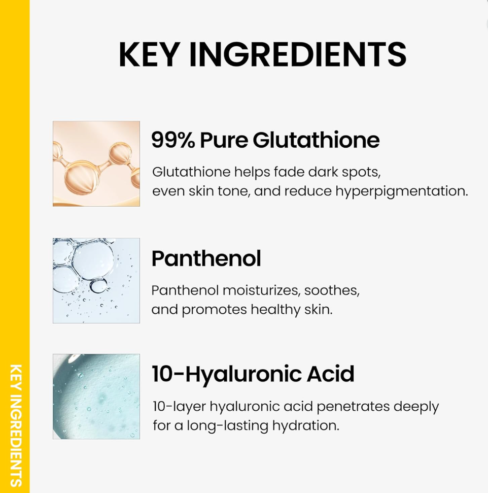 List of key ingredients with images and descriptions on a white background, ONGREDIENTS Skin Barrier Glow Serum 50ml