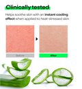 Aloe vera slices and skin before and after application with text about clinical testing and cooling effect, Holika Holika Aloe 99% Soothing Gel 250ml