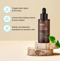 Acwell Licorice pH Balancing Advance Serum bottle on a wooden stand with green leaves, against a beige background, Acwell Licorice pH Balancing Advance Serum 30ml