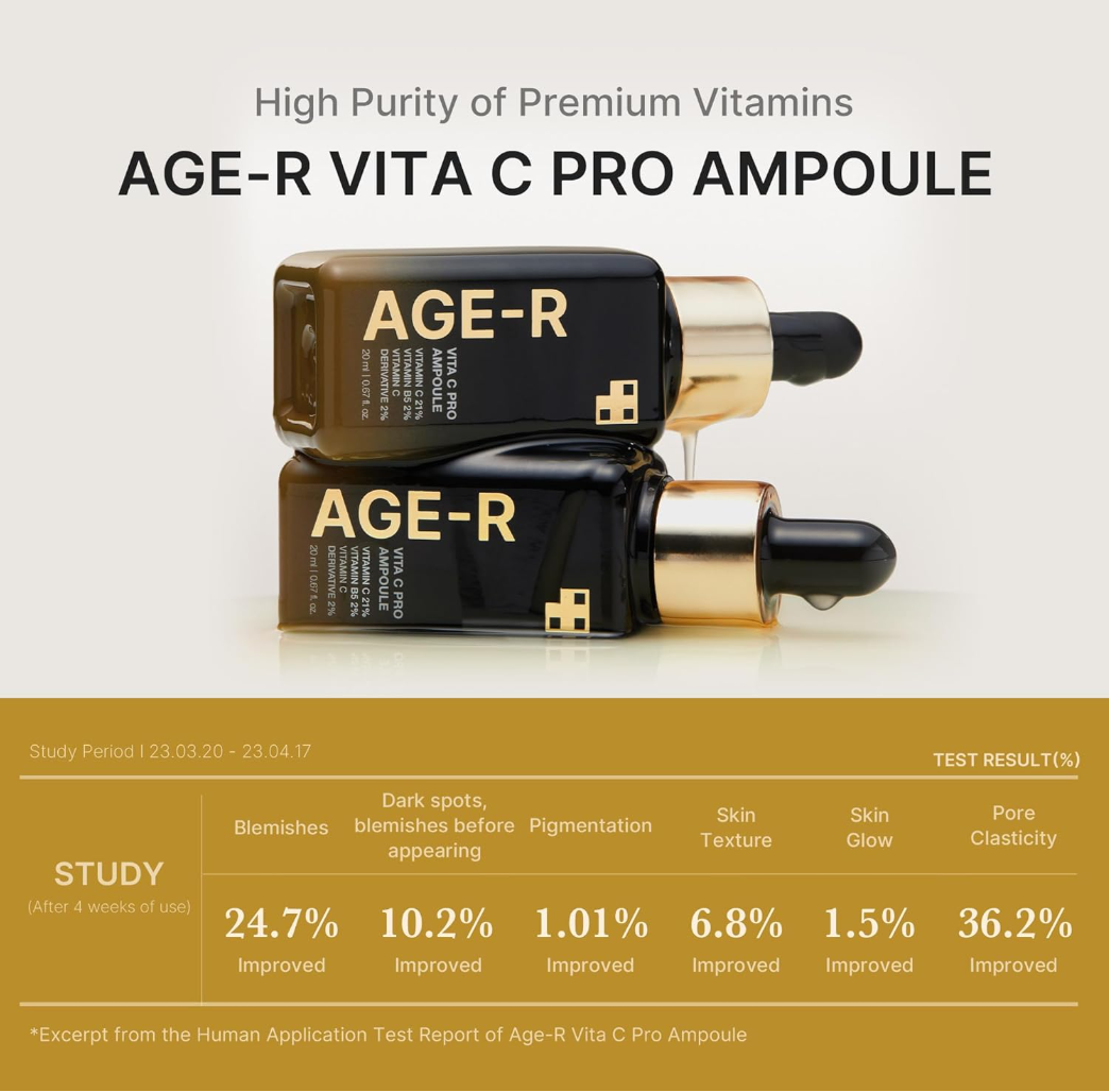 AGE-R Vita C Pro Ampoule bottles with test result chart on a light gray background, Medicube Age-R Vita C Pro Ampoule 20ml