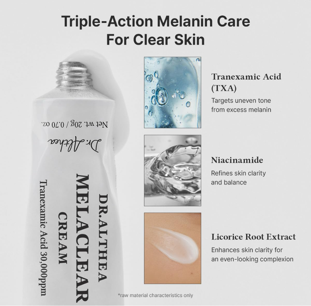 DR. ALTHEA MELACLEAR cream bottle with ingredients listed on a white background, Dr.Althea Melaclear Cream 20g