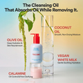 Tocobo cleansing oil bottle with a red pump and a clear jar of pink oil, shown beside a tall glass of clear liquid and a green herb sprig, with text describing coconut oil, olive oil, vegan white milk, and calamine. TOCOBO Calamine Pore Control Cleansing Oil 200ml