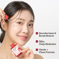 Woman applying skincare product with text highlighting benefits on a white background, Round Lab Camellia Deep Collagen Firming Ampoule 30ml