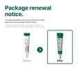 Comparison of a skincare cream tube labeled 'Before' and 'After' with text about package renewal, Somebymi AHA.BHA.PHA 14Days Super Miracle Spot All Kill Cream 30ml