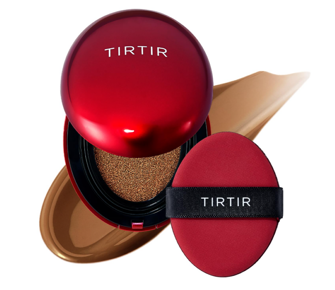TIRTIR cosmetic compact with red lid and case on a white background, MINI TIRTIR Mask Fit Red Cushion 45N Saddle Brown 4.5g