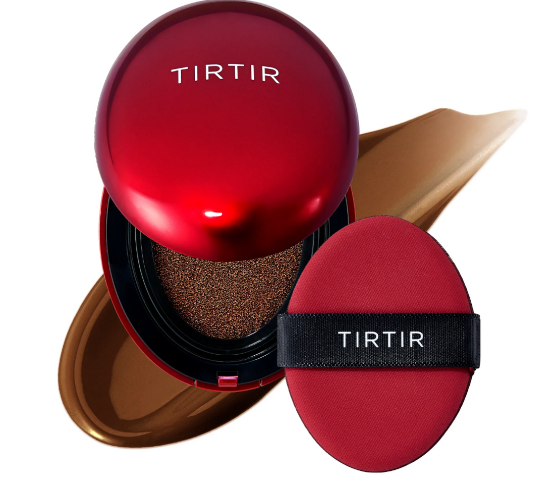 TIRTIR cosmetic compact with red lid and case on a white background
