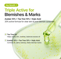 Skincare serum dropper with text about active ingredients for blemishes and marks on a white background, Purito Azelaic Acid 10 Kojic Tea Tree Serum 30ml