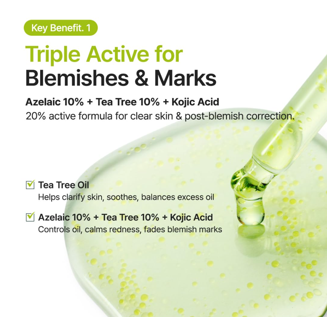Skincare serum dropper with text about active ingredients for blemishes and marks on a white background, Purito Azelaic Acid 10 Kojic Tea Tree Serum 30ml