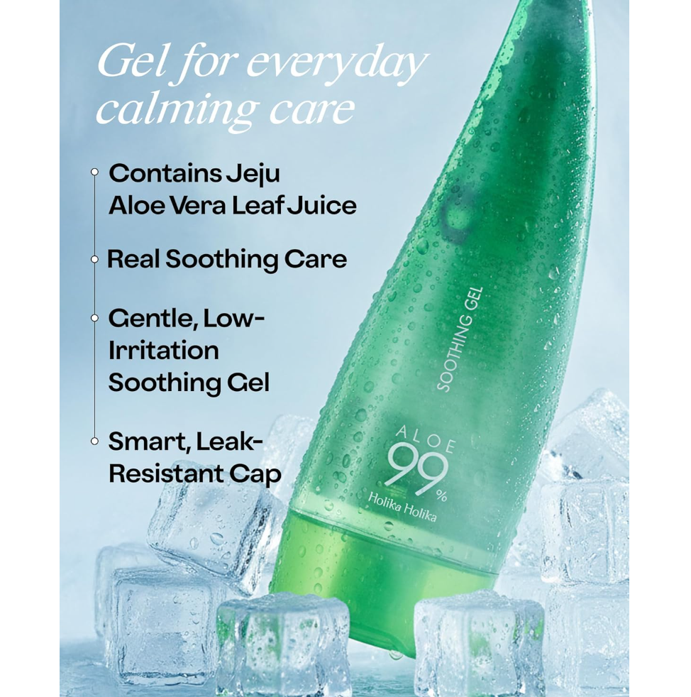 Green aloe vera gel bottle with ice cubes on a light blue background, featuring text about the product's benefits, Holika Holika Aloe 99% Soothing Gel 250ml