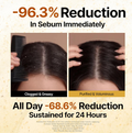 Before and after comparison of hair with sebum reduction, showing clogged and greasy hair on the left and purified and voluminous hair on the right, Growus Sea Salt Therapy Shampoo 500g