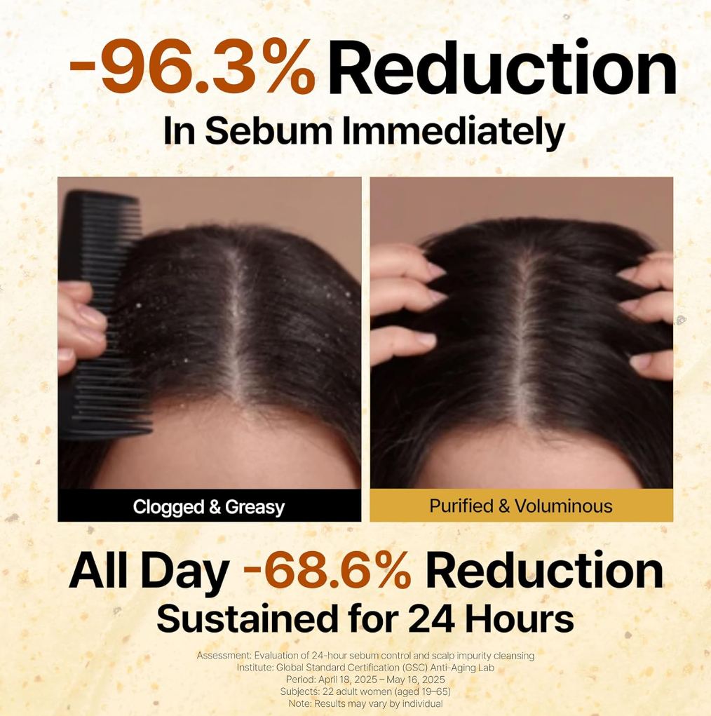 Before and after comparison of hair with sebum reduction, showing clogged and greasy hair on the left and purified and voluminous hair on the right, Growus Sea Salt Therapy Shampoo 500g