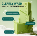 Green soap bars with text highlighting benefits on a green background, Somebymi Miracle Cleansing Bar 106g