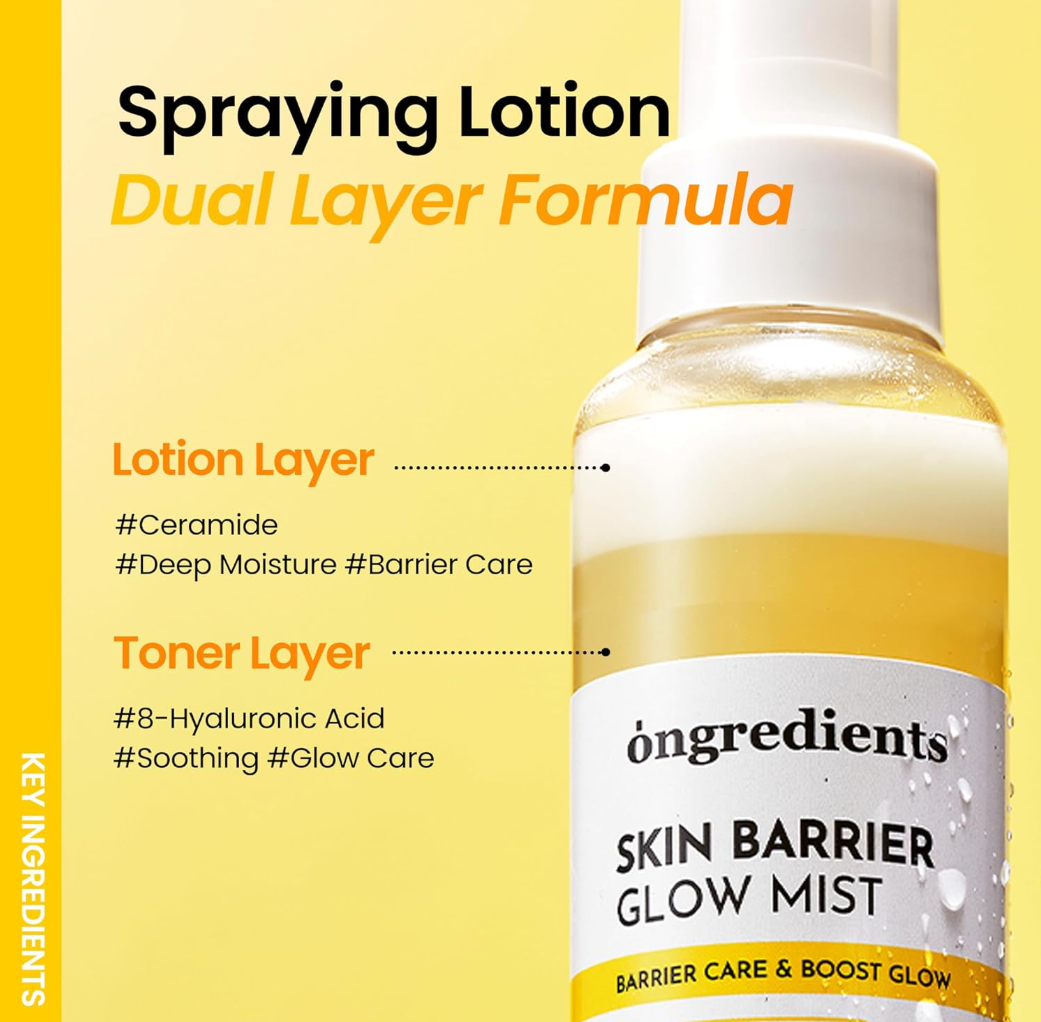 Skin barrier glow mist bottle with dual layer formula details on a yellow background, ONGREDIENTS Skin Barrier Glow Mist 100ml