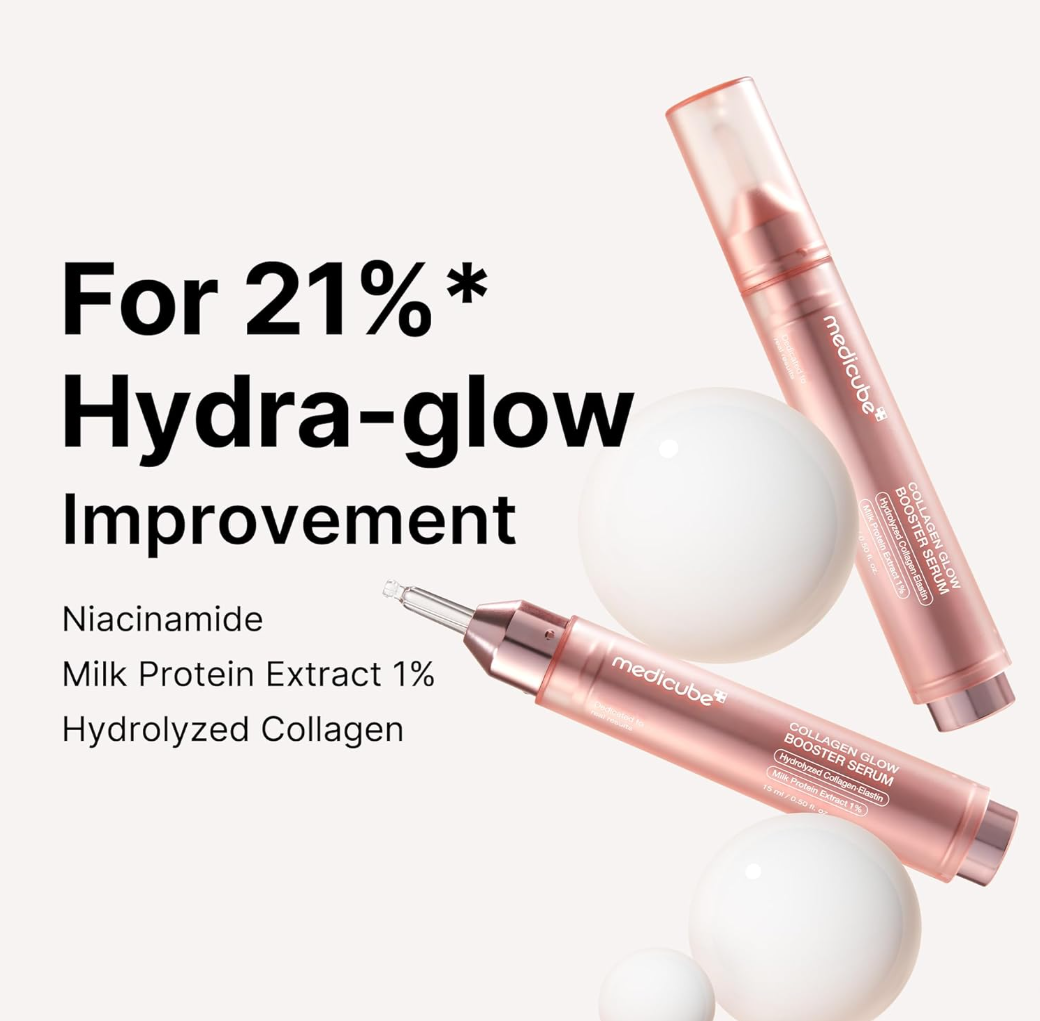 Cosmetic serum bottles with text highlighting hydra-glow improvement on a white background, Medicube Collagen Glow Booster Serum 15ml