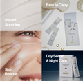 Cosmetic packaging with text highlighting features like 'Instant Soothing', 'Skin Rescue', 'Day Serum & Night Care', and 'Easy to Carry', D'Alba Waterfull Vegan Sleeping Pack 4ml x12 pcs
