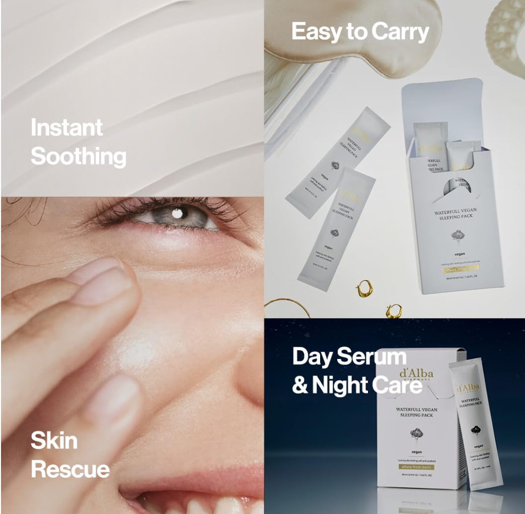 Cosmetic packaging with text highlighting features like 'Instant Soothing', 'Skin Rescue', 'Day Serum & Night Care', and 'Easy to Carry', D'Alba Waterfull Vegan Sleeping Pack 4ml x12 pcs