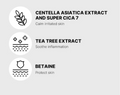 List of skincare ingredients with icons and descriptions on a gray background, Medicube Super Cica Daily Quick Mask 30sheets 350g