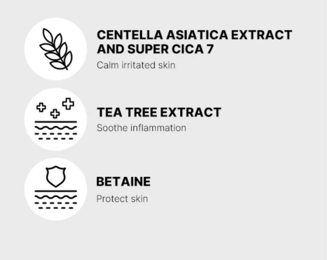 List of skincare ingredients with icons and descriptions on a gray background, Medicube Super Cica Daily Quick Mask 30sheets 350g
