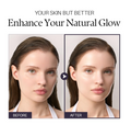 Before and after comparison of a woman's face with text 'Your skin but better, Enhance Your Natural Glow', D'Alba UV Essence Waterfull+ Tone-Up Pink Correcting SPF50 Sunscreen 50ml