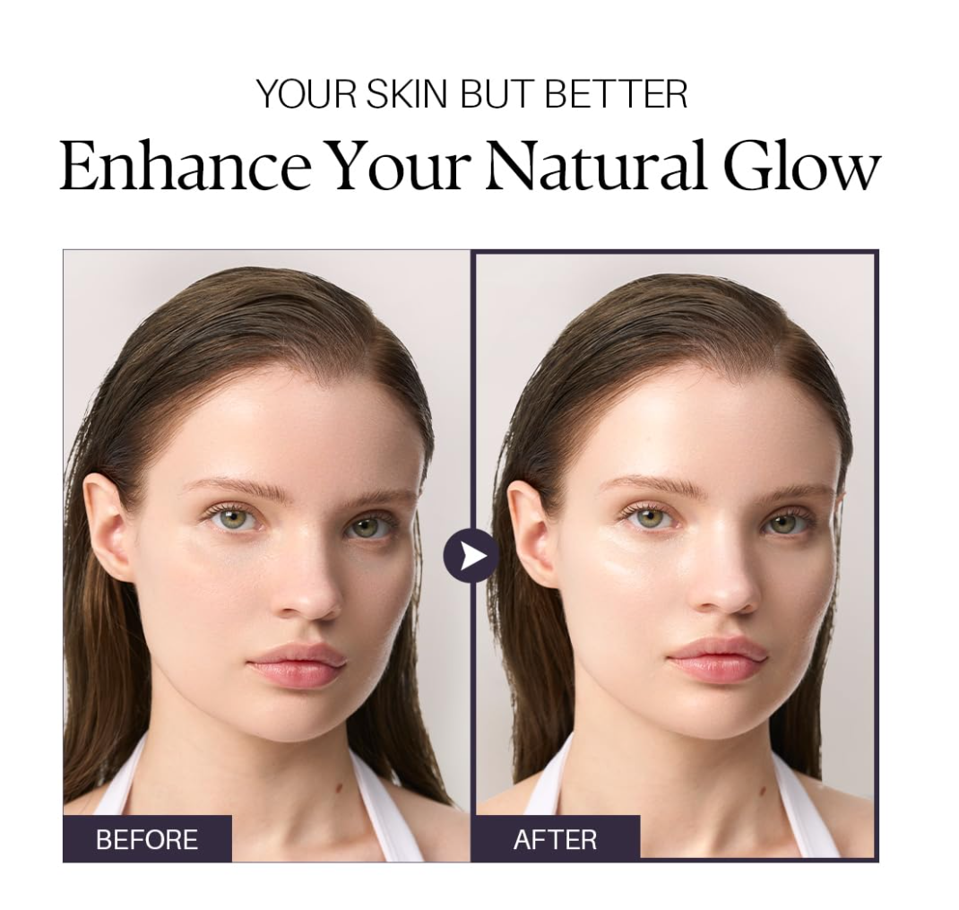 Before and after comparison of a woman's face with text 'Your skin but better, Enhance Your Natural Glow', D'Alba UV Essence Waterfull+ Tone-Up Pink Correcting SPF50 Sunscreen 50ml