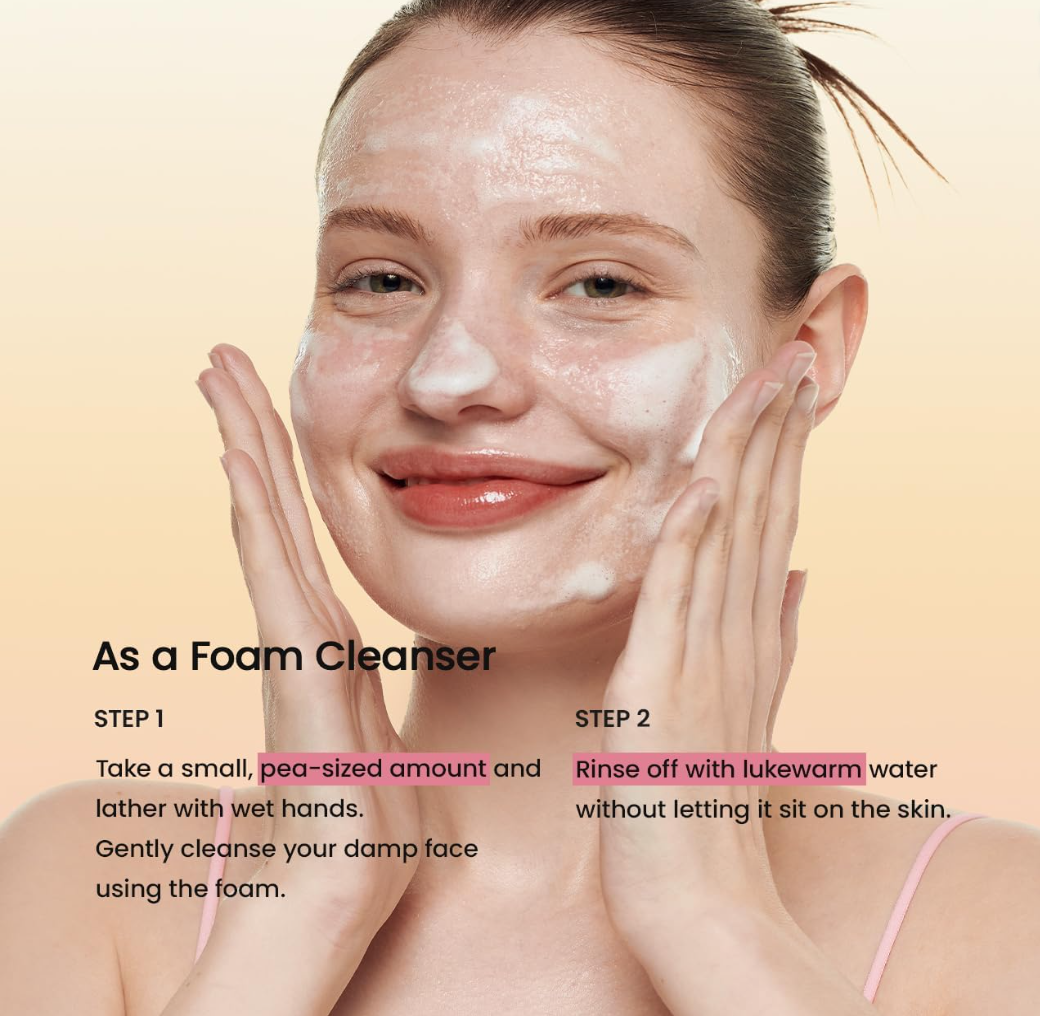 Woman applying foam cleanser to her face with instructional text on a beige background, Biodance Collagen Mask To Foam Cleanser 150ml