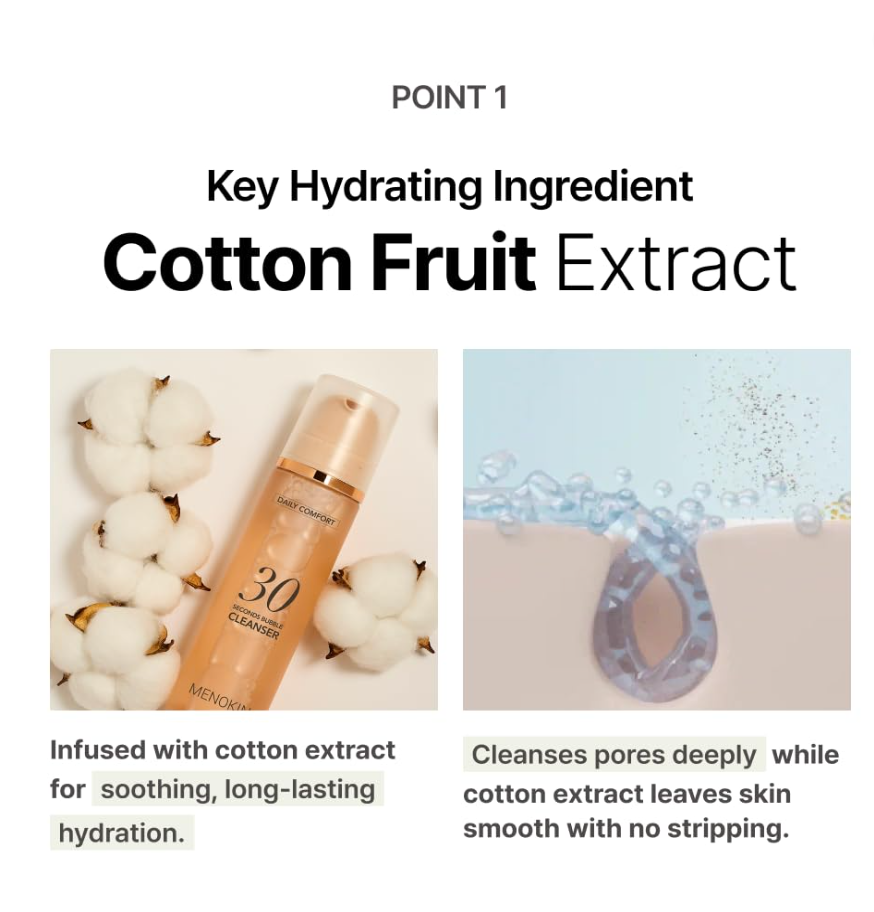 Cosmetic product with cotton fruit extract and text about its benefits, MENOKIN Cotton Cloud Bubble Cleanser [Pore Clear] 150ml