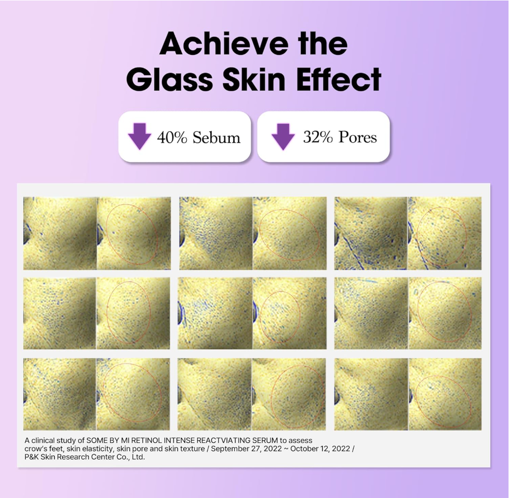 Advertisement for a skincare serum with text and images on a purple background, Somebymi Retionol Intense Reactivating Serum 30ml