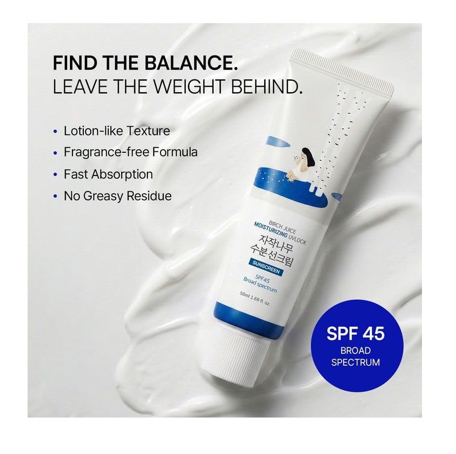 Skincare product with SPF 45 label on a white background, Round Lab Birch Juice Moisturizing UV Lock Sunscreen SPF45++++ 50ml