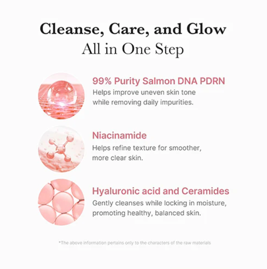 Product description with salmon DNA, niacinamide, and hyaluronic acid on a white background, Medicube PDRN Pink Niacinamide Whip Cleanser 120g