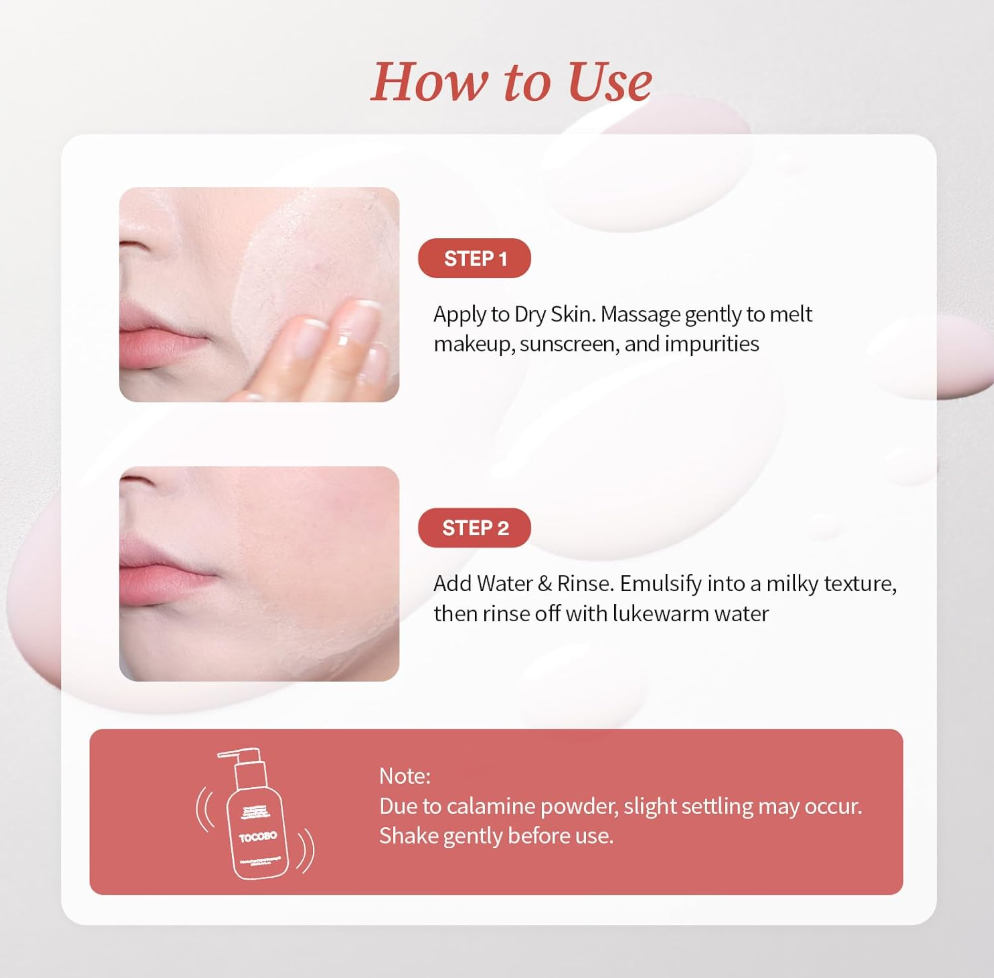 An instructional graphic titled 'How to Use' showing two steps for applying a skincare product: Step 1 involves applying and massaging the product onto dry skin, and Step 2 involves adding water and emulsifying into a milky texture before rinsing. It includes a note about calamine powder settling and a small bottle illustration at the bottom. TOCOBO Calamine Pore Control Cleansing Oil 200ml