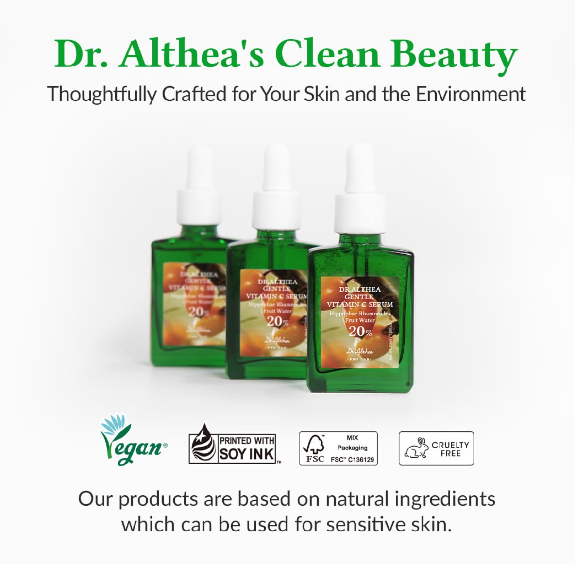 Three green bottles with white sprayers on a white background, featuring Dr. Althea's Clean Beauty branding, Dr.althea Gentle Vitamin C Serum 30ml