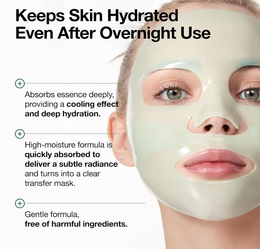 Woman wearing a facial mask with text highlighting its benefits, Anua Heartleaf 70 Soothing Collagen Mask 4ea